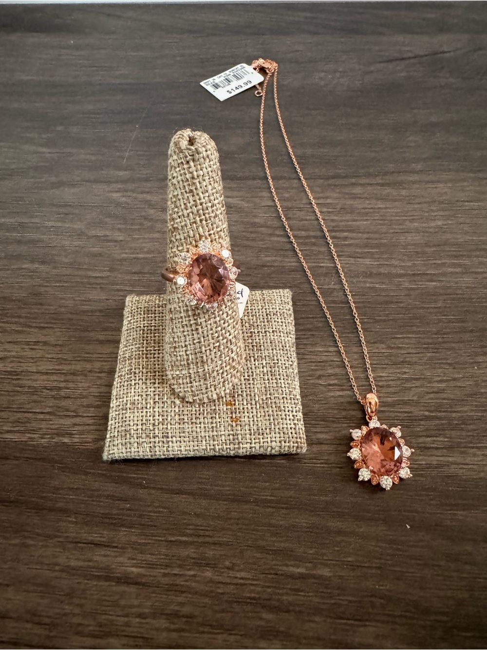 925 Sterling Silver Simulated Morganite Necklace & Ring Set Rose Gold Size 7.25